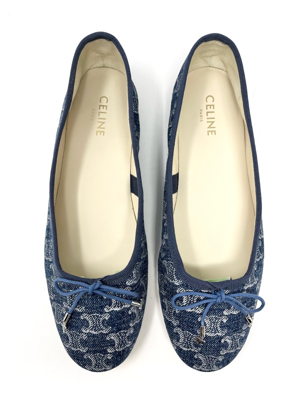 Celine Blue Denim Silver Triomphe Logo Charm Bow Ballet Ballerina Flats 41 11